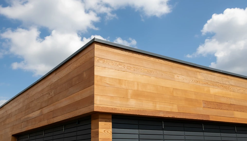 Chantier de construction ext&eacute;rieur avec ouvrier barbu portant casque orange et salopette bleue transportant des planches de bois