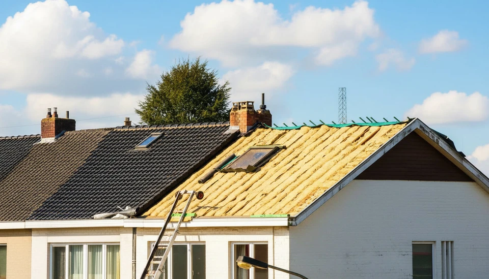 Chantier intérieur en cours avec ouvrier installant des gaines de ventilation