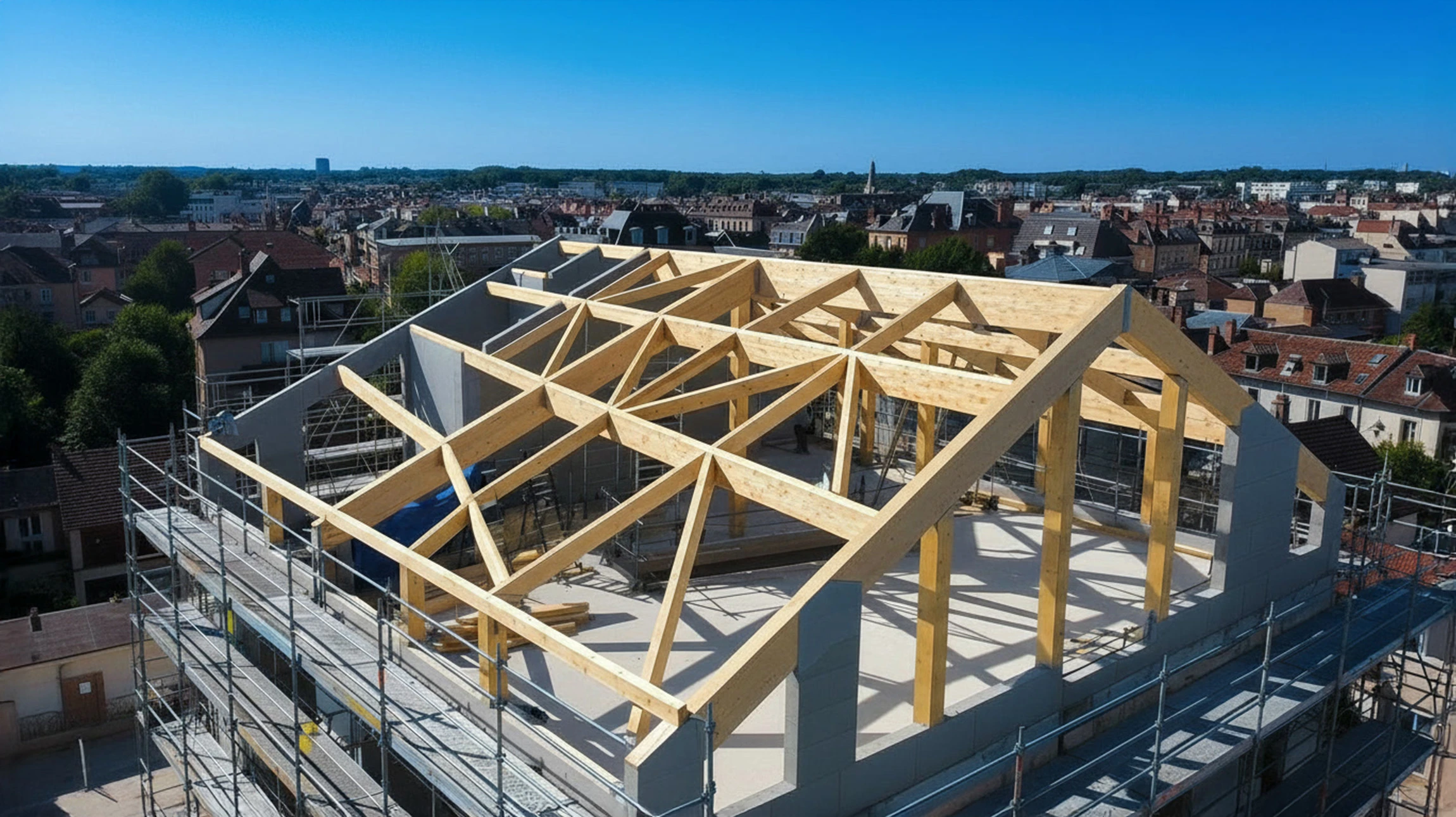 Chantier de construction d'une charpente en bois avec poutres apparentes dans les combles d'une maison