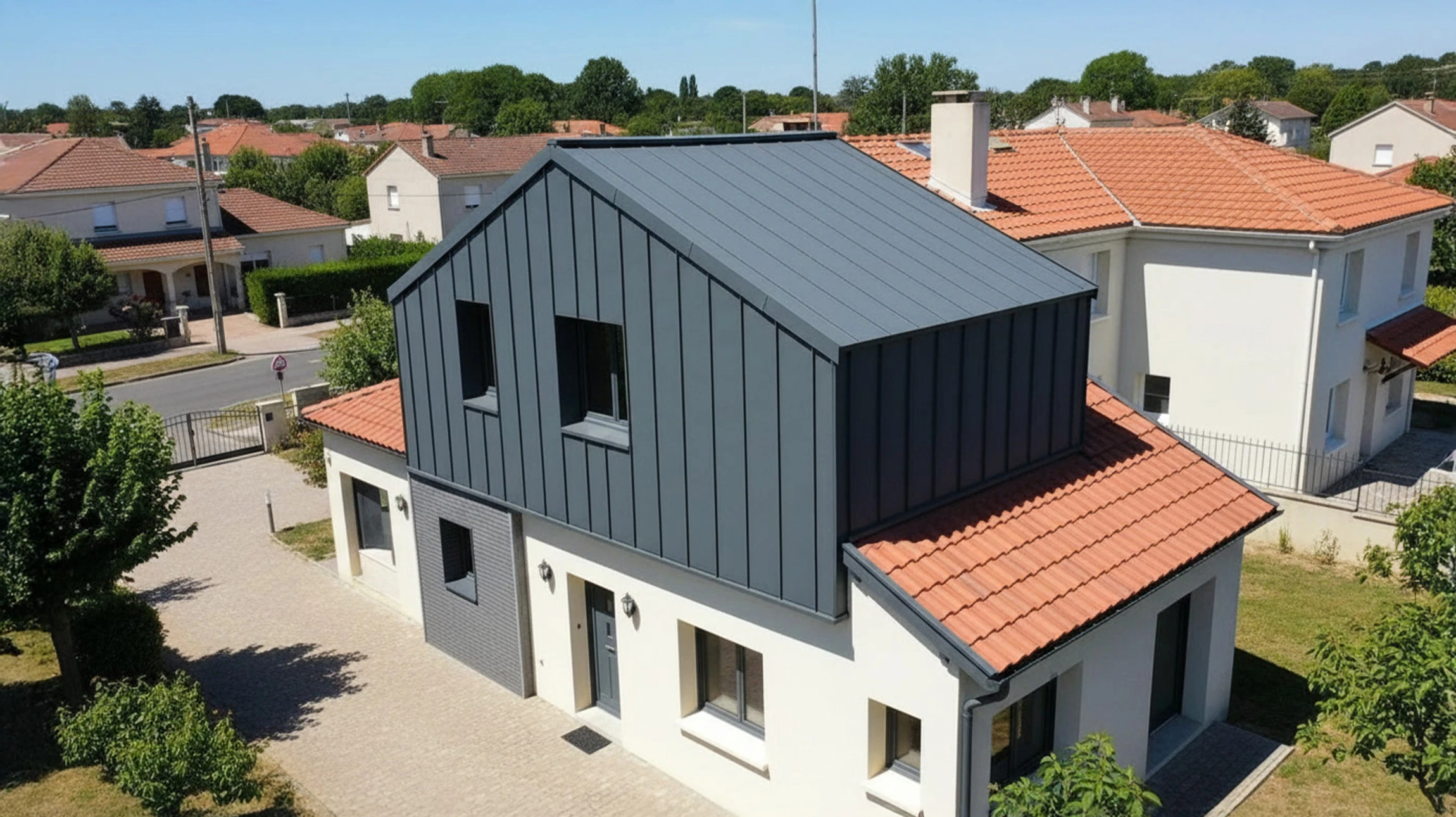 Maison résidentielle contemporaine à étages avec façade en bardage bleu-gris et soubassement en pierre naturelle