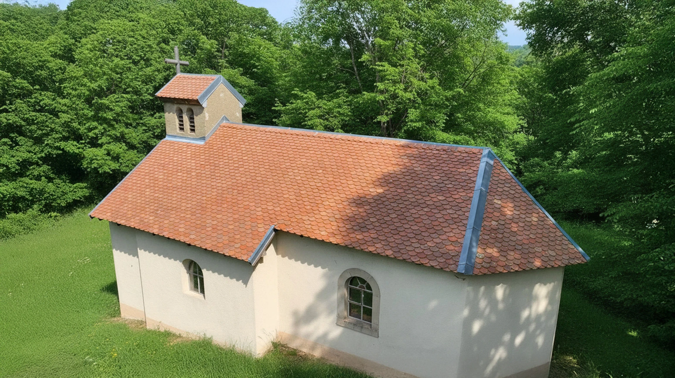 Toit résidentiel avec tuiles en terre cuite rouge orangé sous ciel bleu nuageux