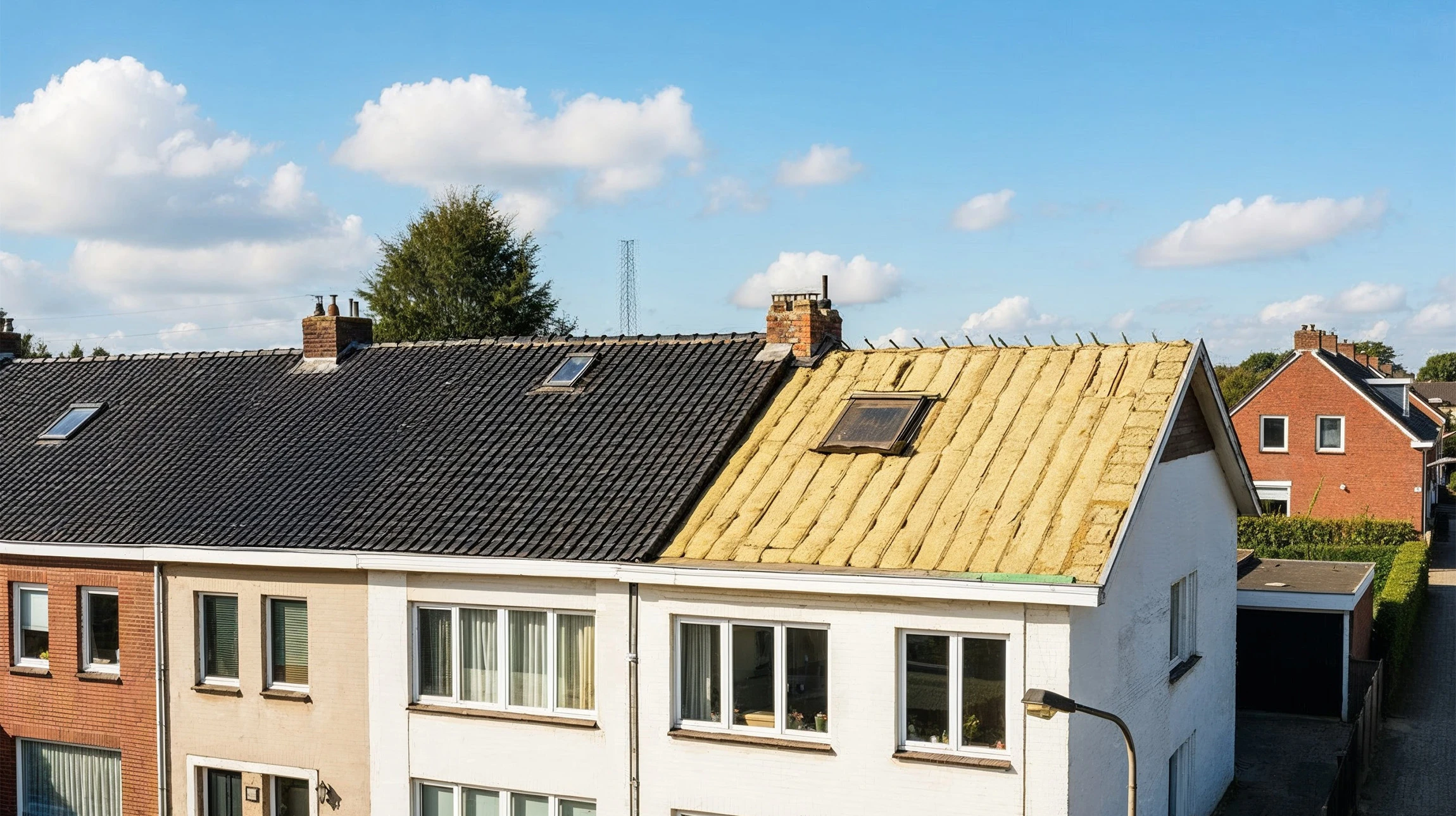 Ouvrier en combinaison de protection blanche et bonnet installant de l'isolation thermique jaune dans les combles d'une habitation