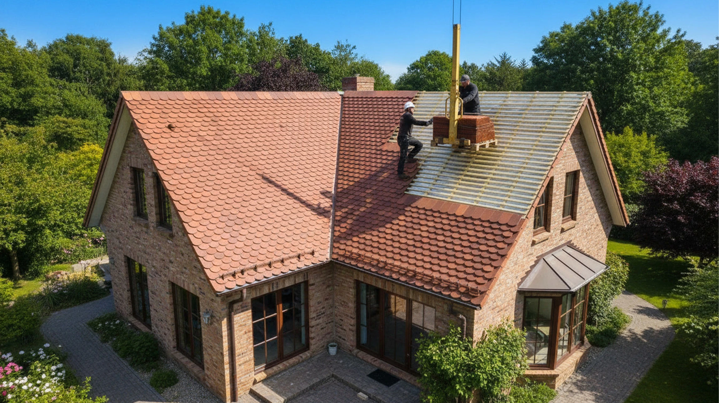 Ouvrier couvreur travaillant sur une toiture en tuiles rouges, portant casque de protection bleu et harnais de sécurité